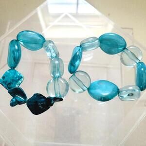 Blue Mother of Pearl Acrylic Beaded Stretch Bracelets Set of Two